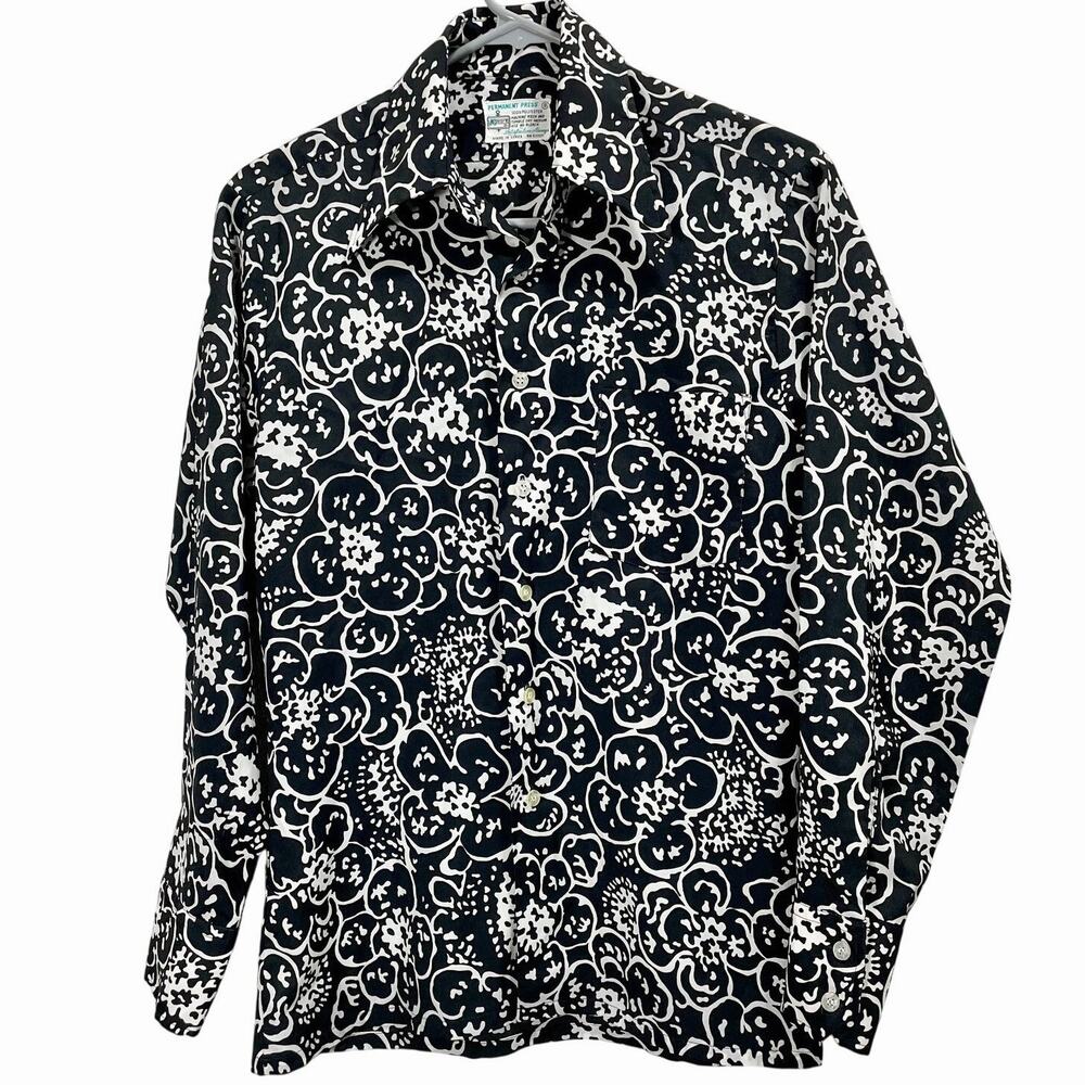 Vintage 80s Collared Top Black White Abstract Print Small Kmart Permanent Press